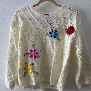 Christina Crochet Knit White Floral Sweater